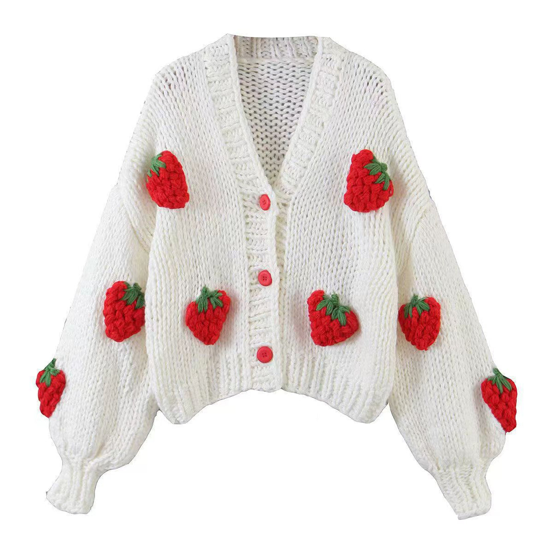 Damen Strickjacke mit Erdbeerapplikationen und Knopfverschluss Heidi-Mode