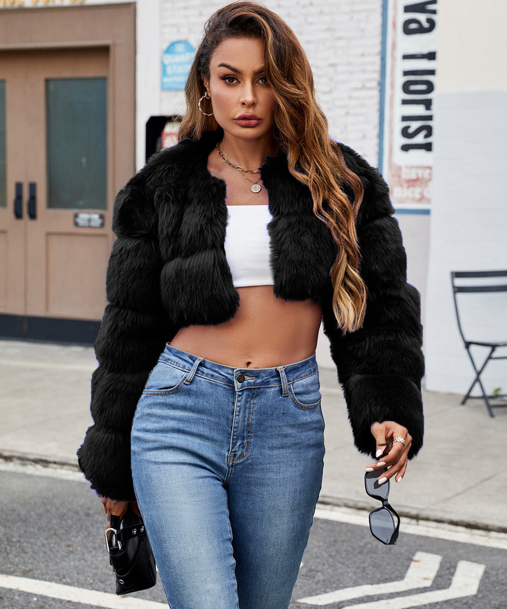 Damen Flauschige Kurzmantel aus Kunstfell mit puffartigen Ärmeln Heidi-Mode