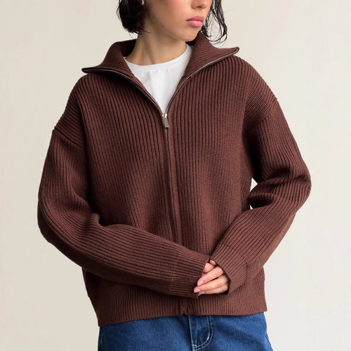 Damen Pullover mit hochschließendem Reißverschluss und strukturiertem Maschenmuster Heidi-Mode