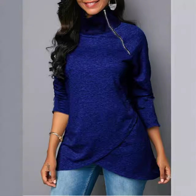 Damen Rundhals Shirt mit hoher Kragen und Reißverschluss Heidi-Mode