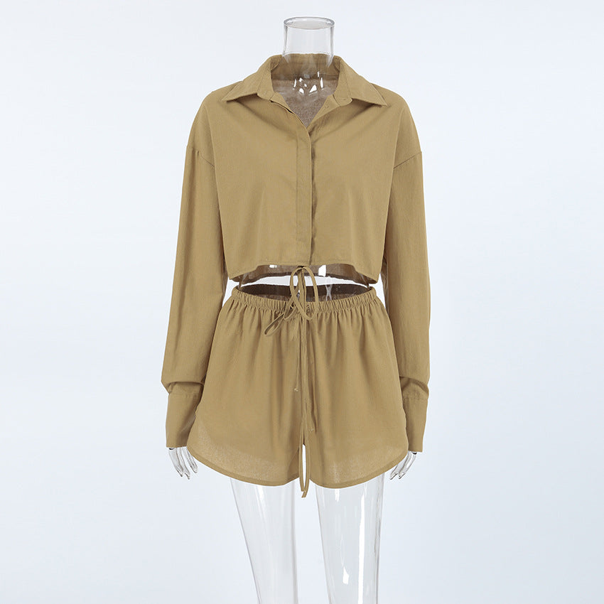 Heidi-Mode | Herbst Entspannt Baumwolle Leinen Damen Loungewear Langarm Strickjacke Schnürshorts Geeignet für Den Täglichen Gebrauch Zweiteiliges Set Pyjamas