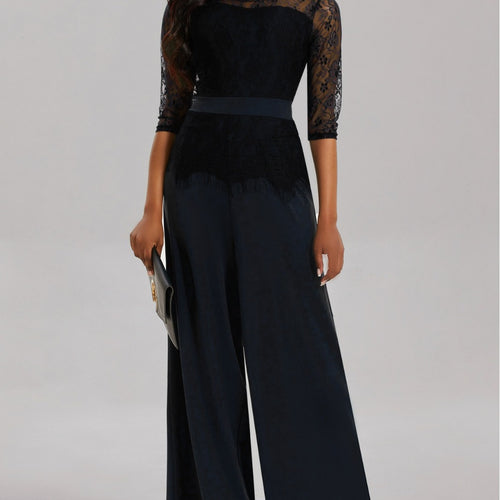 Damen Eleganter Jumpsuit mit Spitzenärmeln und weitem Bein Heidi-Mode