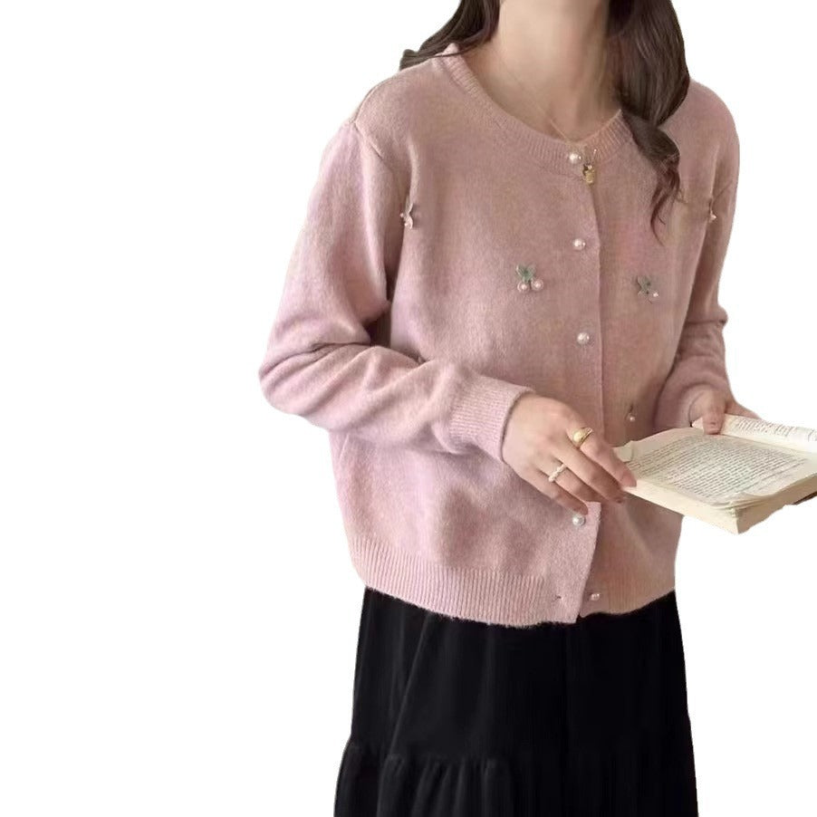 Damen Strickjacke mit feinen Perlen- und Blütenapplikationen Heidi-Mode