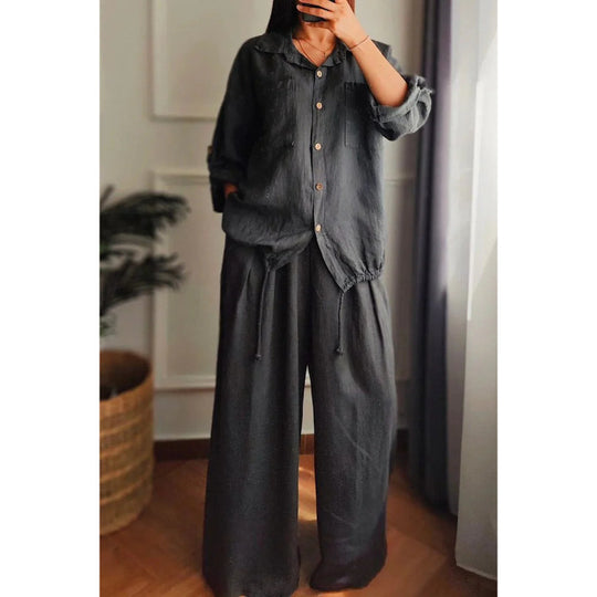 Damen Leinen-Set mit weiten Hosen undlässiger Bluse Heidi-Mode