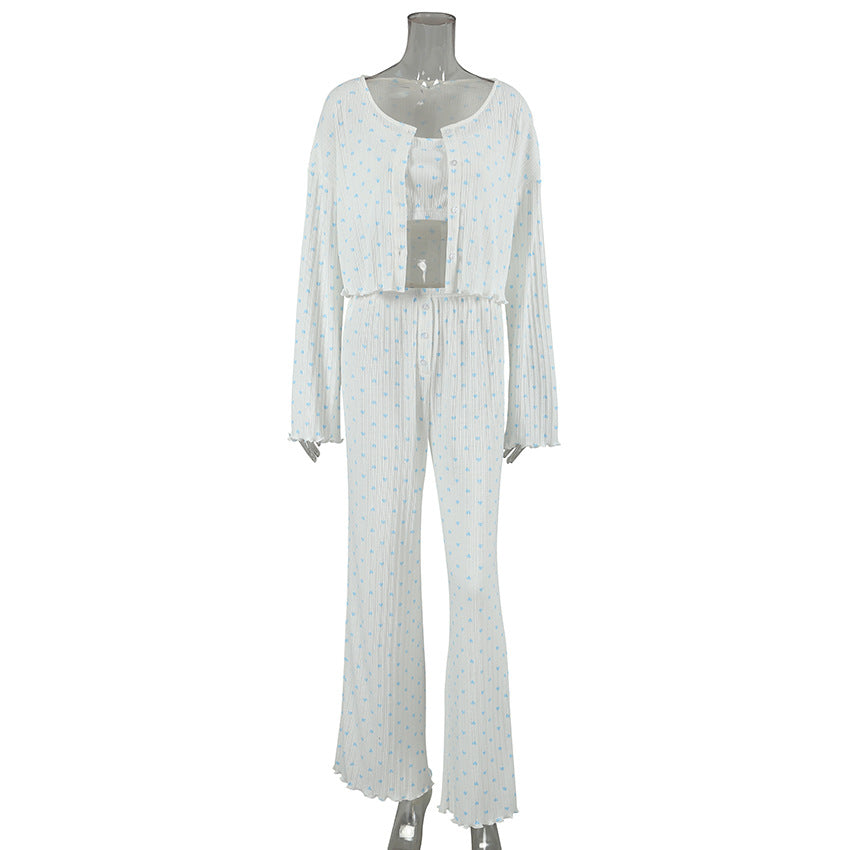 Heidi-Mode | Frühling Sommer Strick Liebe Jacquard Zuhause Bekleidung Unterwäsche Langarm Hosen Drei Stück Frauen Pyjama