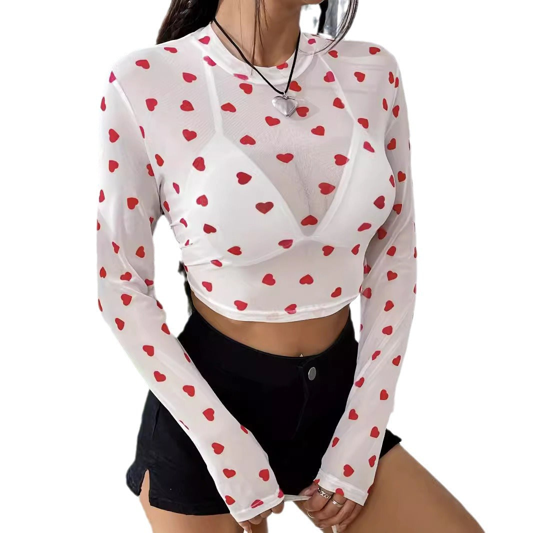 Damen Langarm-Crop-Top mit herzförmigem Design und transparentem Stoff Heidi-Mode
