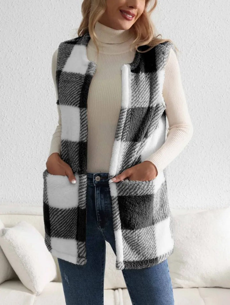 Damen Weicher Plaid-Weste mit seitlichen Taschen und gemütlichem Schnitt Heidi-Mode