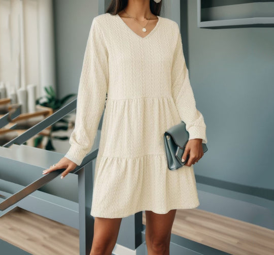 Damen lässiges V-Ausschnitt Kleid mit voluminösem Saum und langen Ärmeln Heidi-Mode