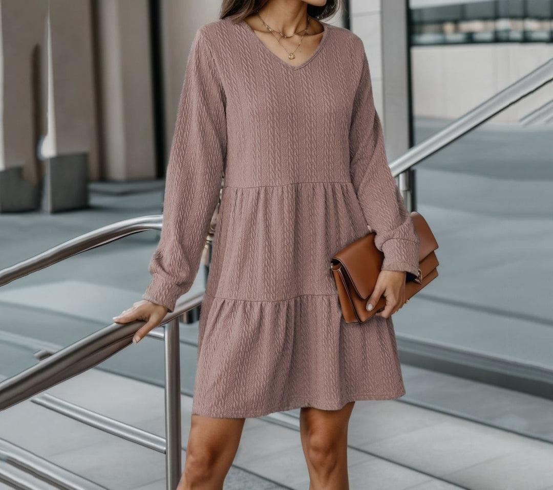 Damen lässiges V-Ausschnitt Kleid mit voluminösem Saum und langen Ärmeln Heidi-Mode