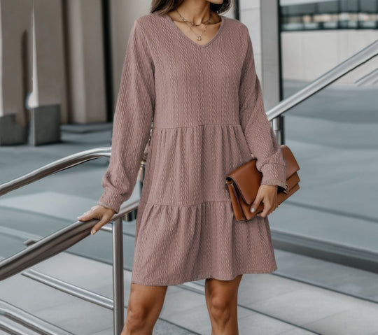 Damen lässiges V-Ausschnitt Kleid mit voluminösem Saum und langen Ärmeln Heidi-Mode