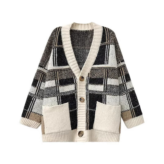 Damen Modischer Oversized Cardigan mit Karomuster Heidi-Mode