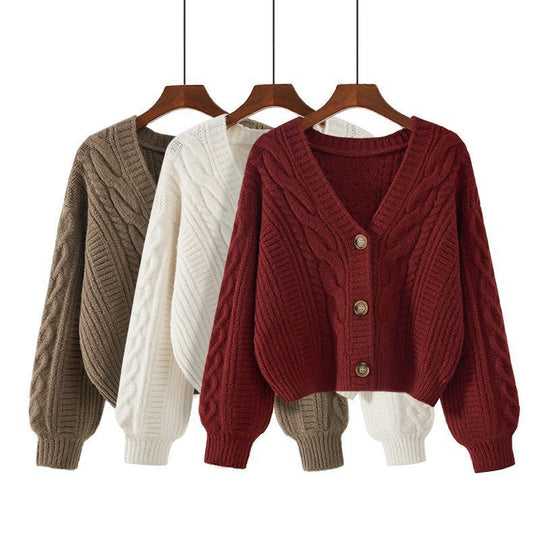 Damen Strickjacke mit ausgefallenem Zopfmuster und tiefem V-Ausschnitt Heidi-Mode