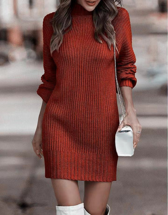 Damen Strickkleid mit hohem Kragen und modischen Rippdetails Heidi-Mode