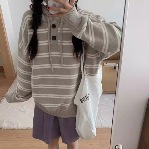 Damen lässiger Streifenpullover mit Knopfleiste und Kapuze Heidi-Mode