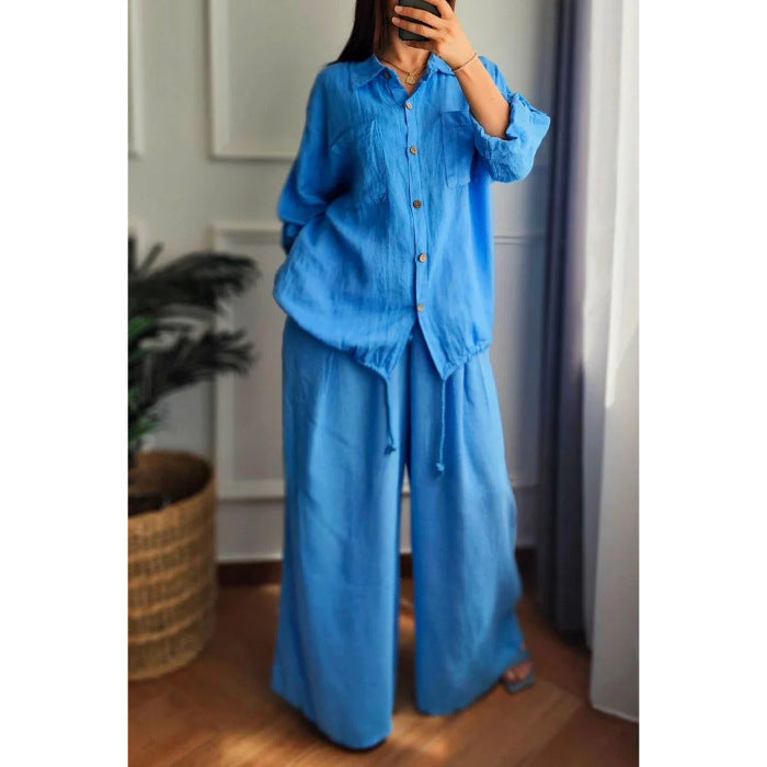 Damen Leinen-Set mit weiten Hosen undlässiger Bluse Heidi-Mode