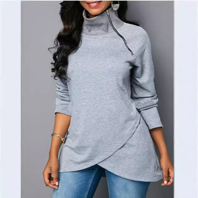 Damen Rundhals Shirt mit hoher Kragen und Reißverschluss Heidi-Mode