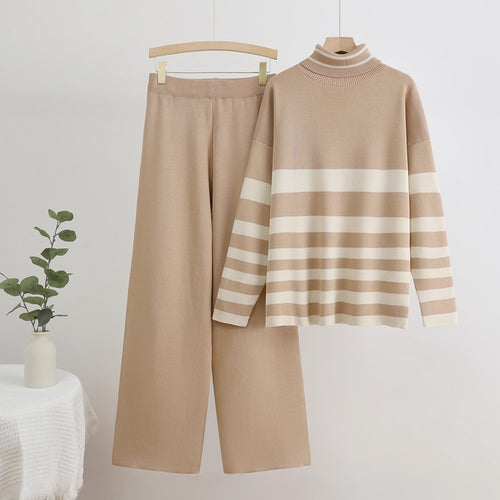 Damen Komfortables Strick-Loungewear-Set mit hohem Kragen und breiten Streifen Heidi-Mode