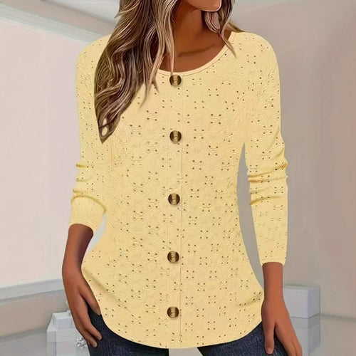 Damen Langarm Blusenshirt mit dekorativen Knopfdetails und filigranem Lochmuster Heidi-Mode