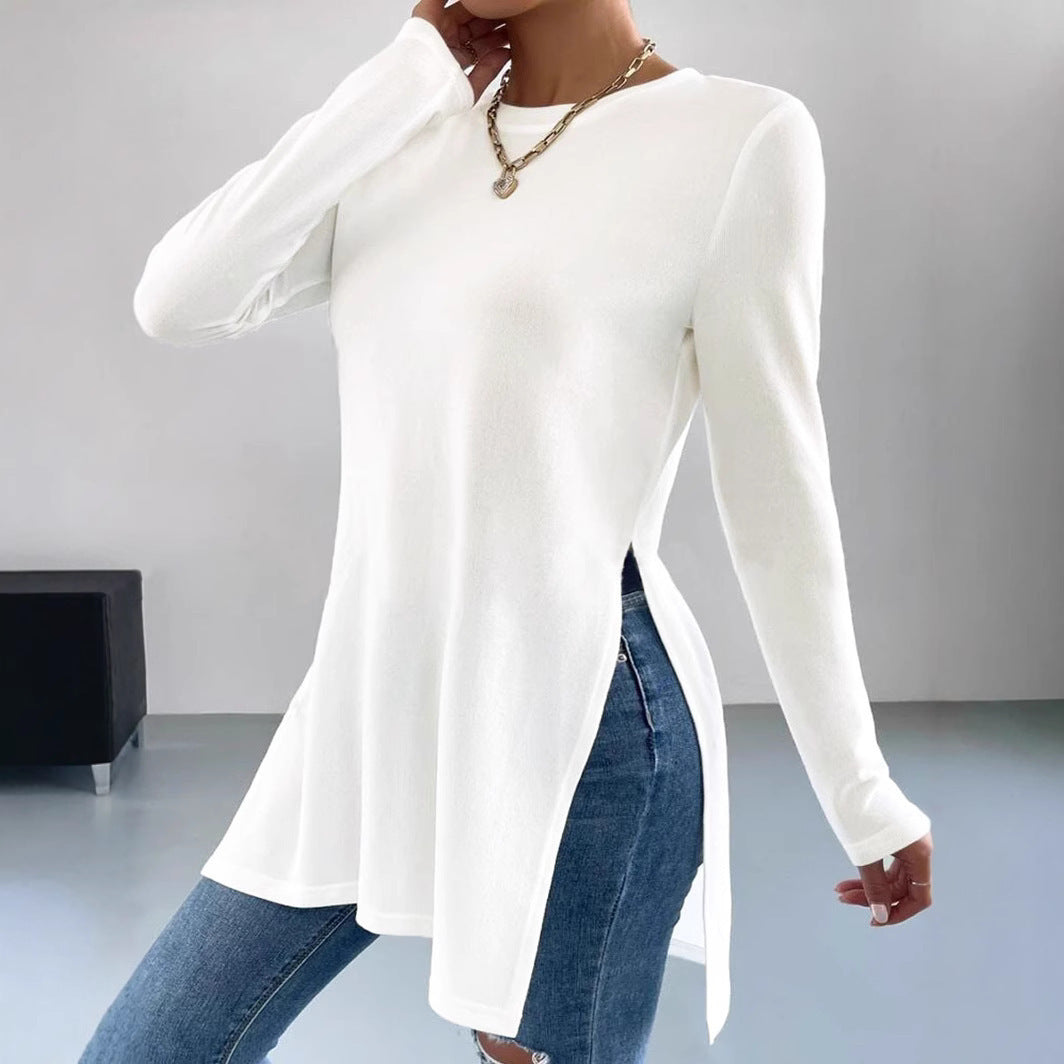 Damen Oversized Longsleeve mit seitlichen Schlitzen und Rundhalsausschnitt Heidi-Mode