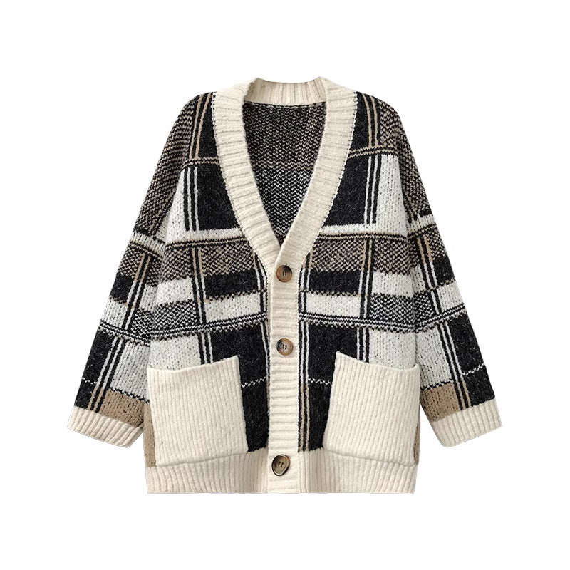 Damen Modischer Oversized Cardigan mit Karomuster Heidi-Mode