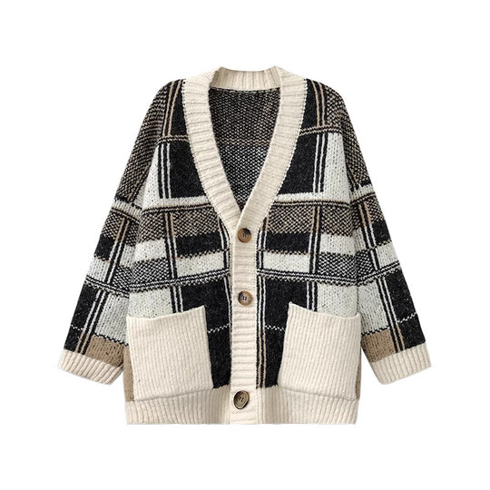 Damen Modischer Oversized Cardigan mit Karomuster Heidi-Mode
