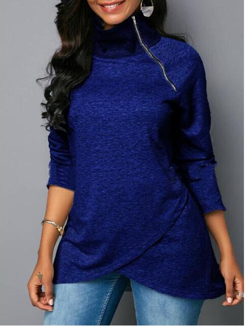 Damen Rundhals Shirt mit hoher Kragen und Reißverschluss Heidi-Mode