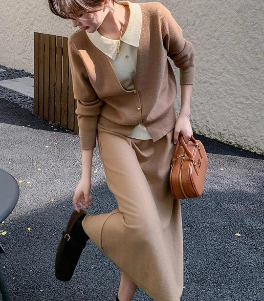 Damen Strickensemble mit eleganter Blusenoptik und weitem Rock Heidi-Mode