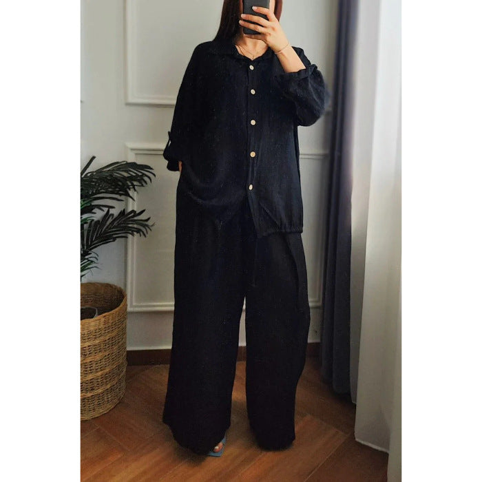 Damen Leinen-Set mit weiten Hosen undlässiger Bluse Heidi-Mode