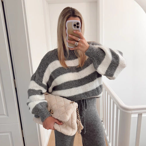 Damen modischer Cropped Pullover mit einzigartigem Streifenmuster und weit geschnittenen Ärmeln Heidi-Mode