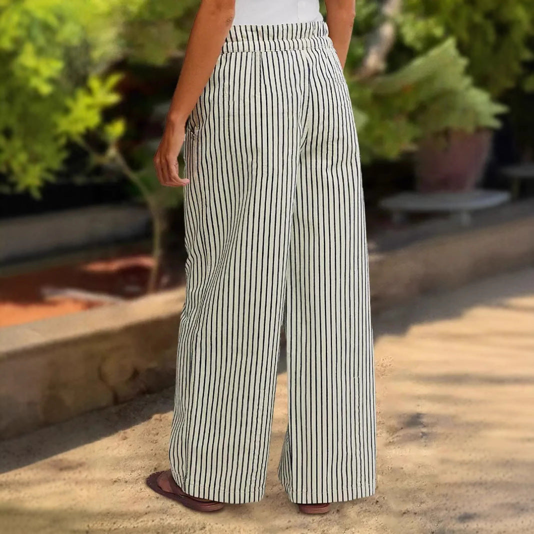 Damen Bequeme Strandhose mit lässigem Streifenmuster und geflochtenem Bund Heidi-Mode