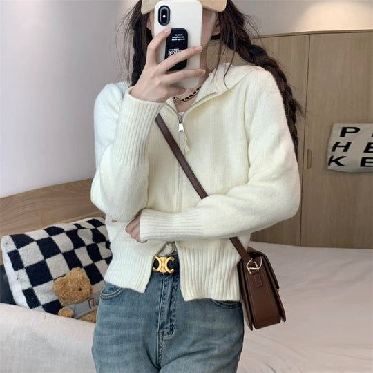Damen Strickjacke mit hohem Kragen und Reißverschluss Heidi-Mode