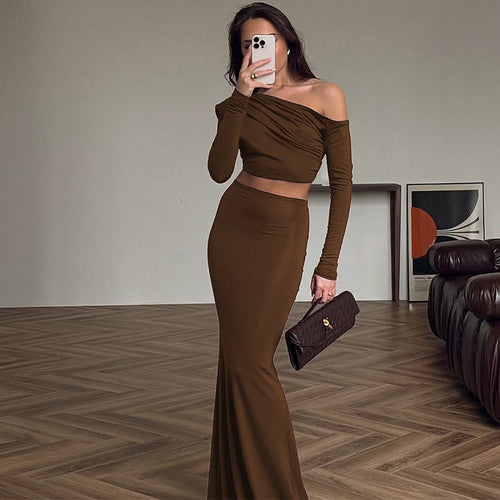 Damen figurbetontes zwei-teiliges Set mit asymmetrischem Oberteil Heidi-Mode