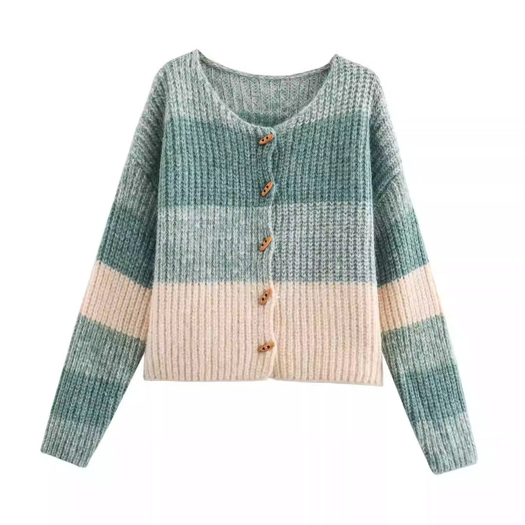 Damen Strickjacke mit elastischem Rippdesign und Holzknöpfen Heidi-Mode