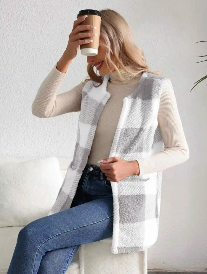 Damen Weicher Plaid-Weste mit seitlichen Taschen und gemütlichem Schnitt Heidi-Mode