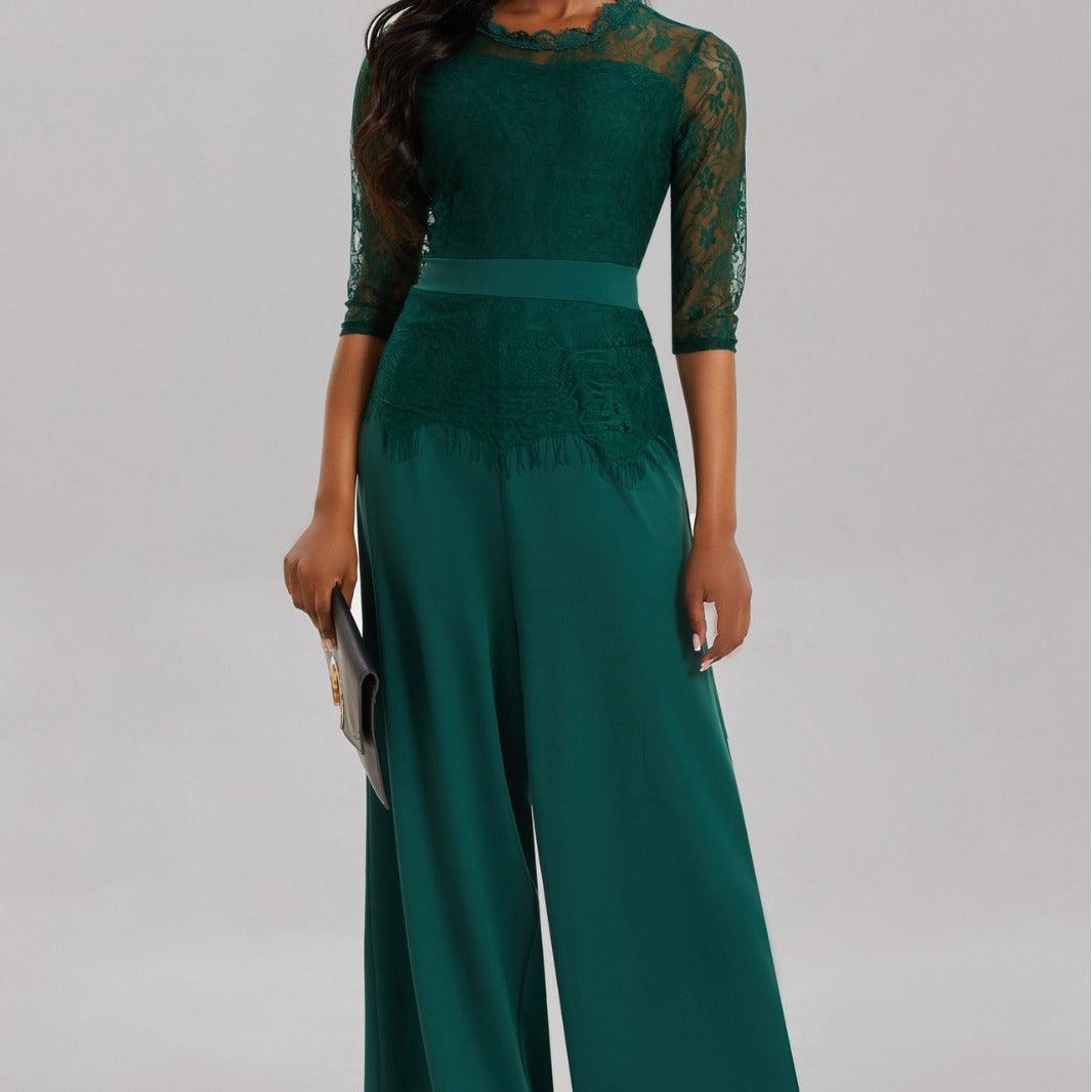 Damen Eleganter Jumpsuit mit Spitzenärmeln und weitem Bein Heidi-Mode