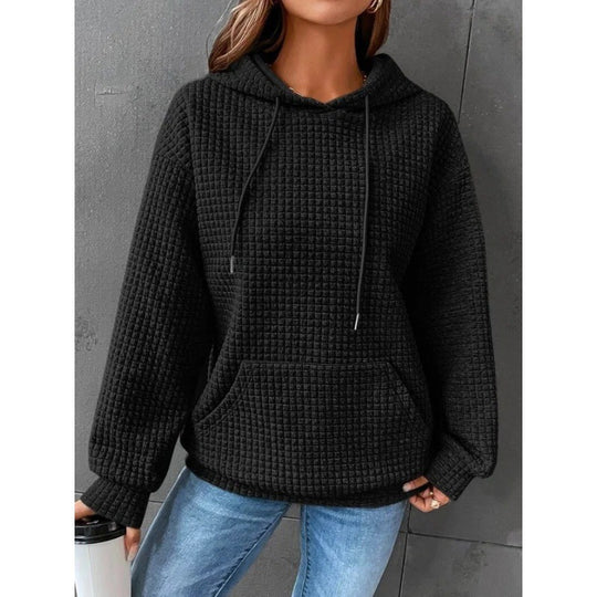 Damen Waffelstruktur Kapuzenpullover mit gemütlichem Schnitt und praktischer Tasche Heidi-Mode
