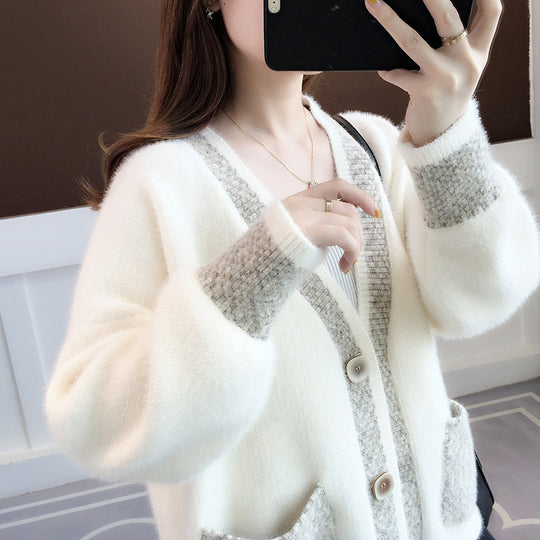Damen Strickjacke mit modernem Farbkontrast und großen Taschen Heidi-Mode