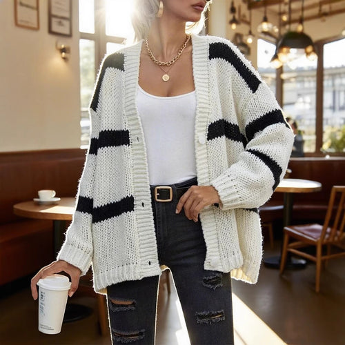 Damen Grobstrickjacke mit modischen Streifen Heidi-Mode