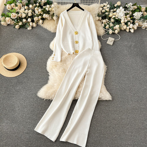 Damen elegantes Strick-Loungewear-Set mit dekorativen Knöpfen und weitem Bein Heidi-Mode