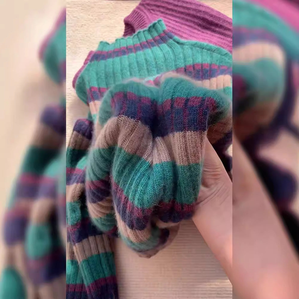 Damen Rippstrickpullover mit hohem Kragen und modischem Streifenmuster Heidi-Mode