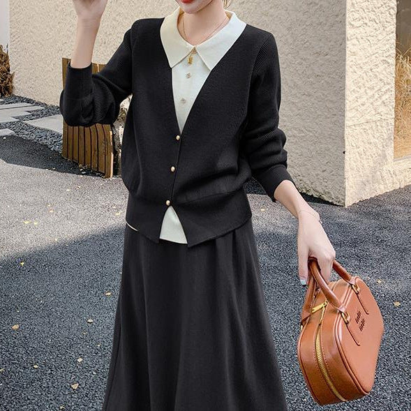 Damen Strickensemble mit eleganter Blusenoptik und weitem Rock Heidi-Mode