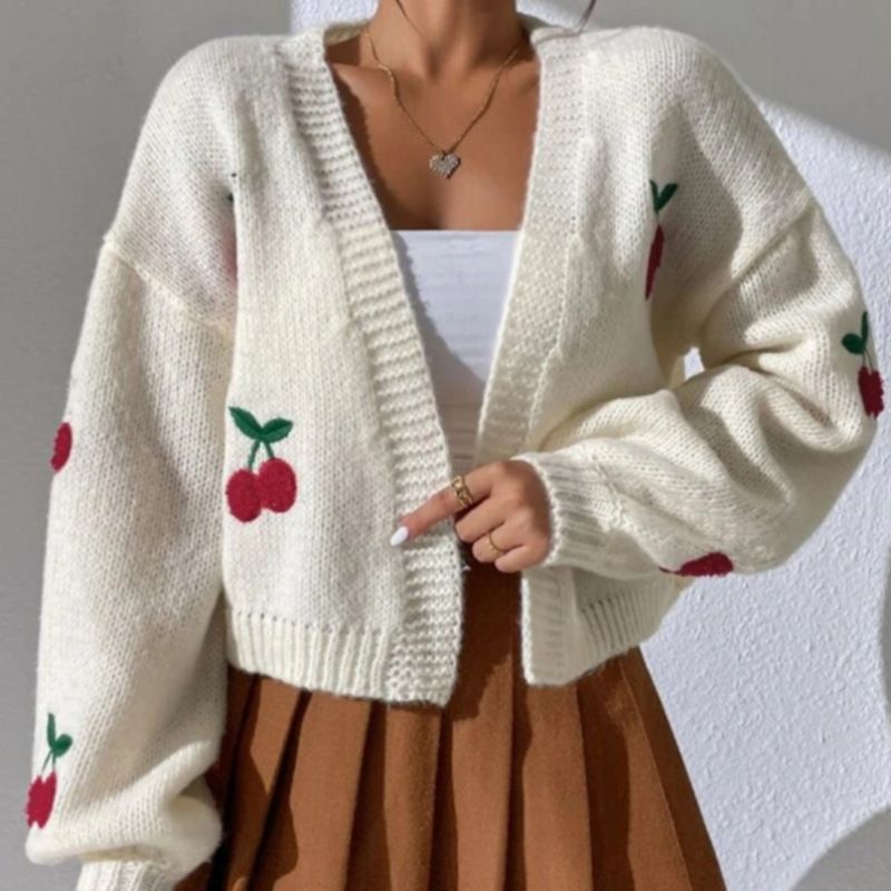 Damen Strickjacke mit floralem Kirschmotiv Heidi-Mode