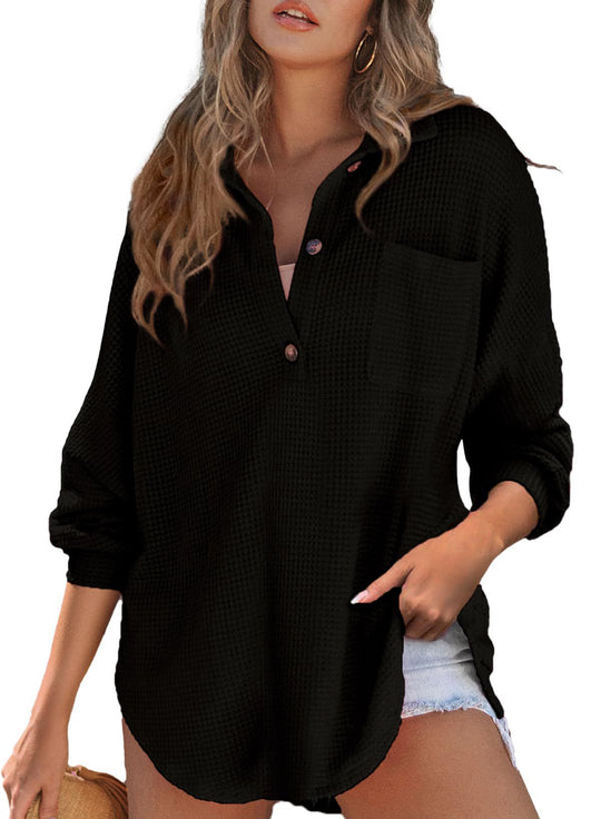 Damen Waffelstruktur-Hemd mit Knopfdetails Heidi-Mode