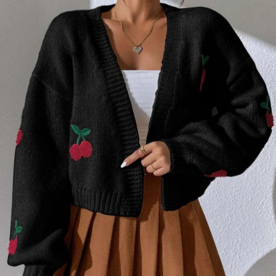 Damen Strickjacke mit floralem Kirschmotiv Heidi-Mode