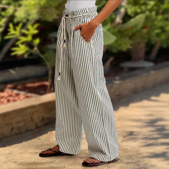 Damen Bequeme Strandhose mit lässigem Streifenmuster und geflochtenem Bund Heidi-Mode
