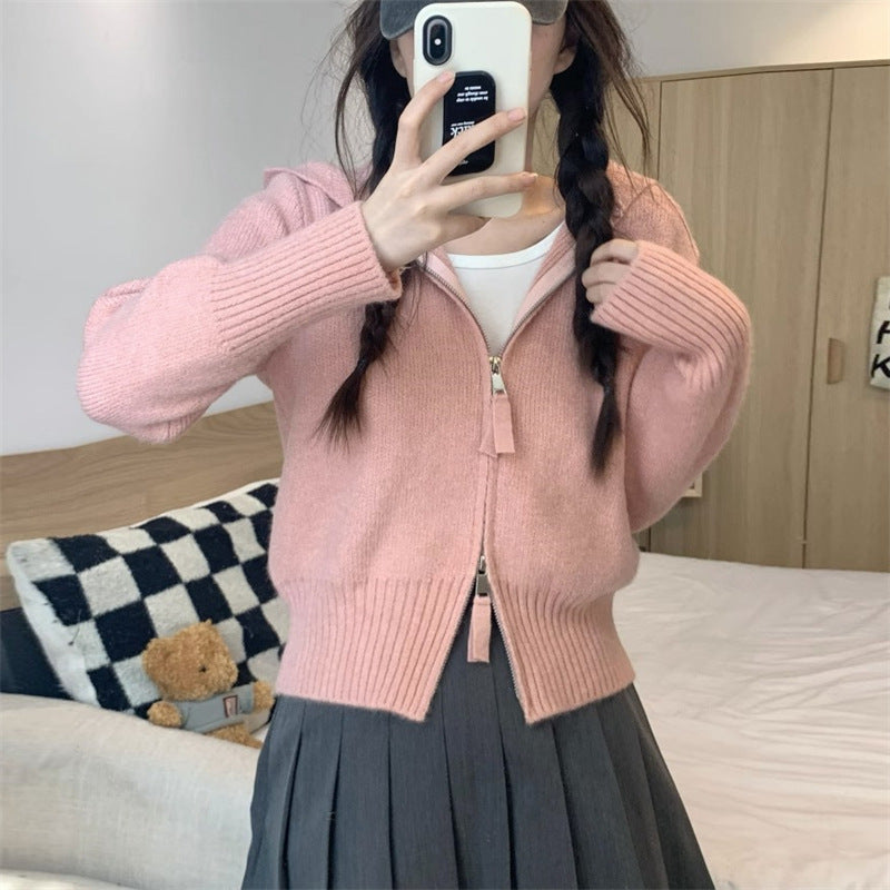 Damen Strickjacke mit hohem Kragen und Reißverschluss Heidi-Mode