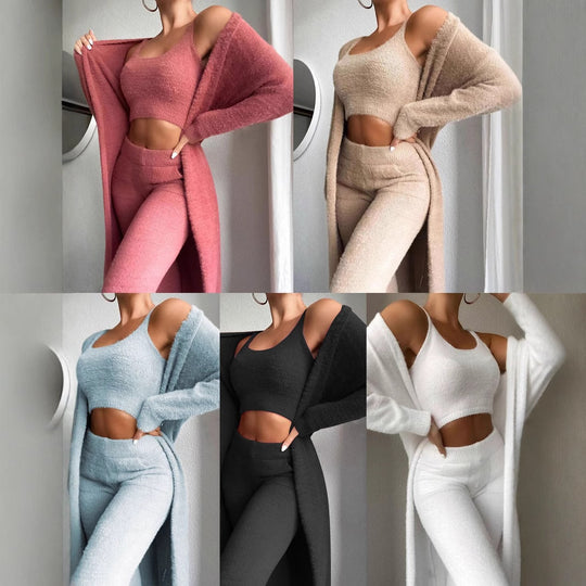 Damen modisches Lounge-Set mit ärmellosem Crop-Top und langem Cardigan Heidi-Mode