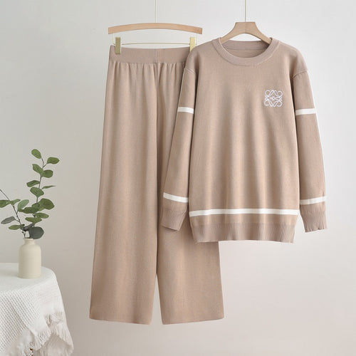Damen modisches Freizeit-Loungewear-Set mit breiten Beinen und dezentem Logo Heidi-Mode