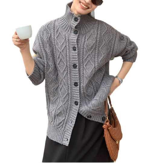 Damen Strickjacke mit hochgeschlossenem Kragen und strukturierter Oberfläche Heidi-Mode