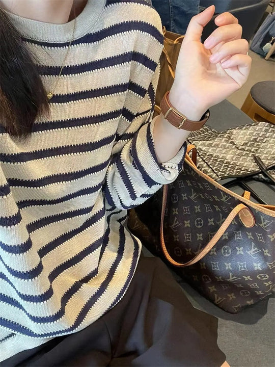 Damen Modischer Strickpullover mit maritimem Streifenmuster und lässigem Schnitt Heidi-Mode